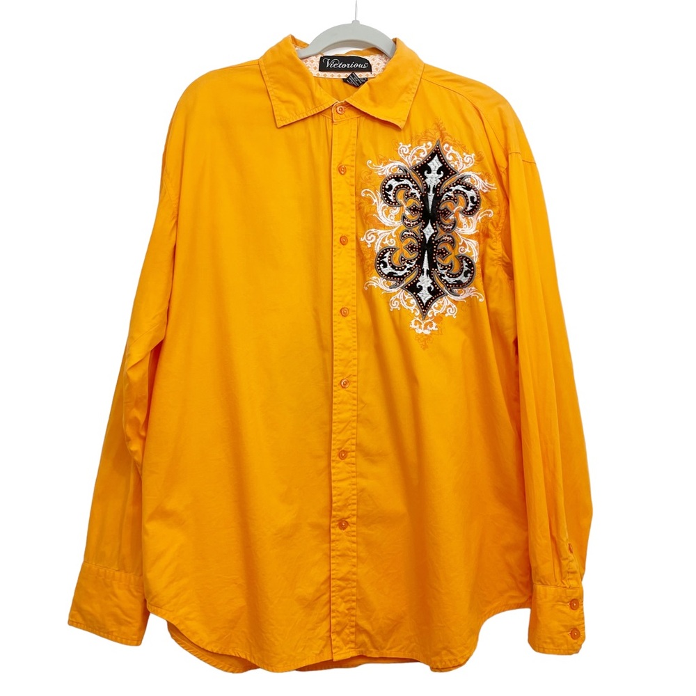 Victorious Mens Button Front Shirt Embroidered XL Fleur de Lis Orange Cotton - Picture 2 of 9
